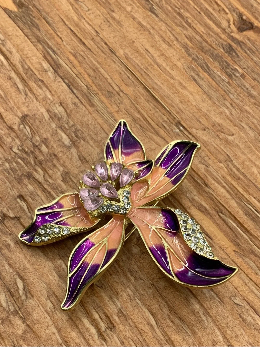 Floral Iris or Orchid Enamel and Crystal Accents Purple and Peach Brooch